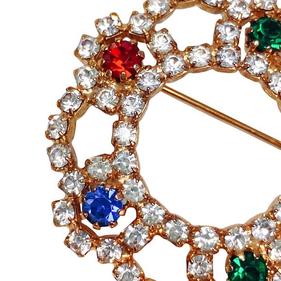 Vintage 50s 60s Mid Century Rhinestone Rosette Circle Brooch Gold Tone Sparkling - Picture 4 of 10